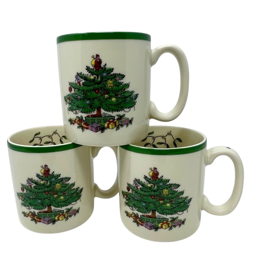Spode Christmas Tree Mugs Ceramic Festive Holiday Cheer Sprig of Mistletoe Set-3